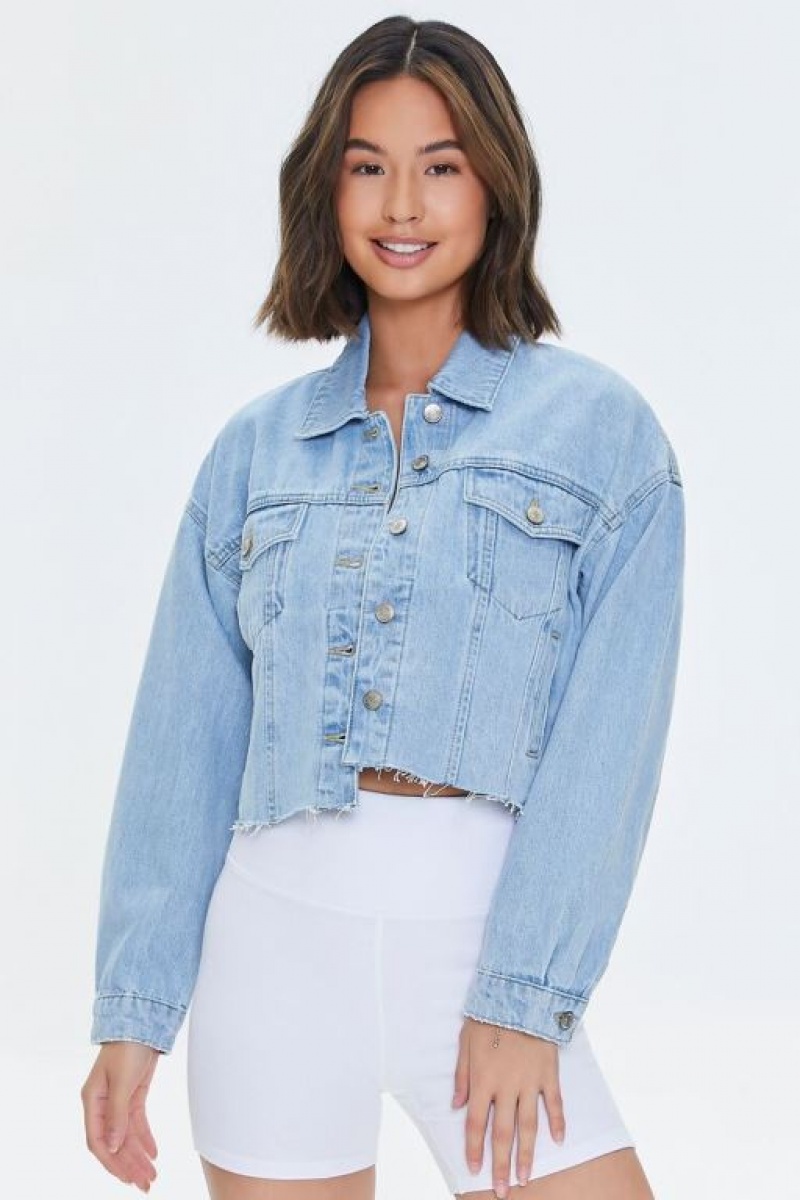 Chaquetas De Mezclilla Forever 21 Basic Cropped Frayed Denim Mujer Azules Claro | j1GS7ENGoin