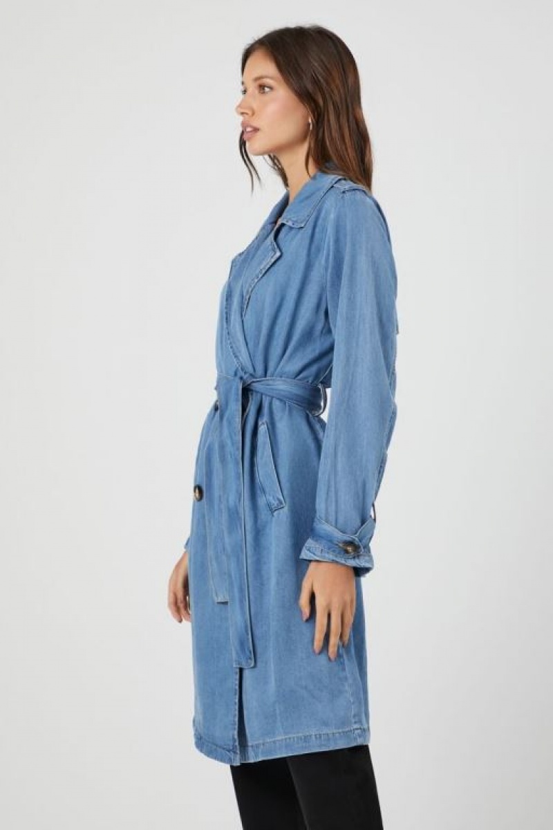 Chaquetas De Mezclilla Forever 21 Belted Denim Trench Coat Mujer Azules | UxZLvNGSjWi