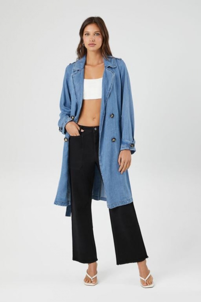 Chaquetas De Mezclilla Forever 21 Belted Denim Trench Coat Mujer Azules | UxZLvNGSjWi