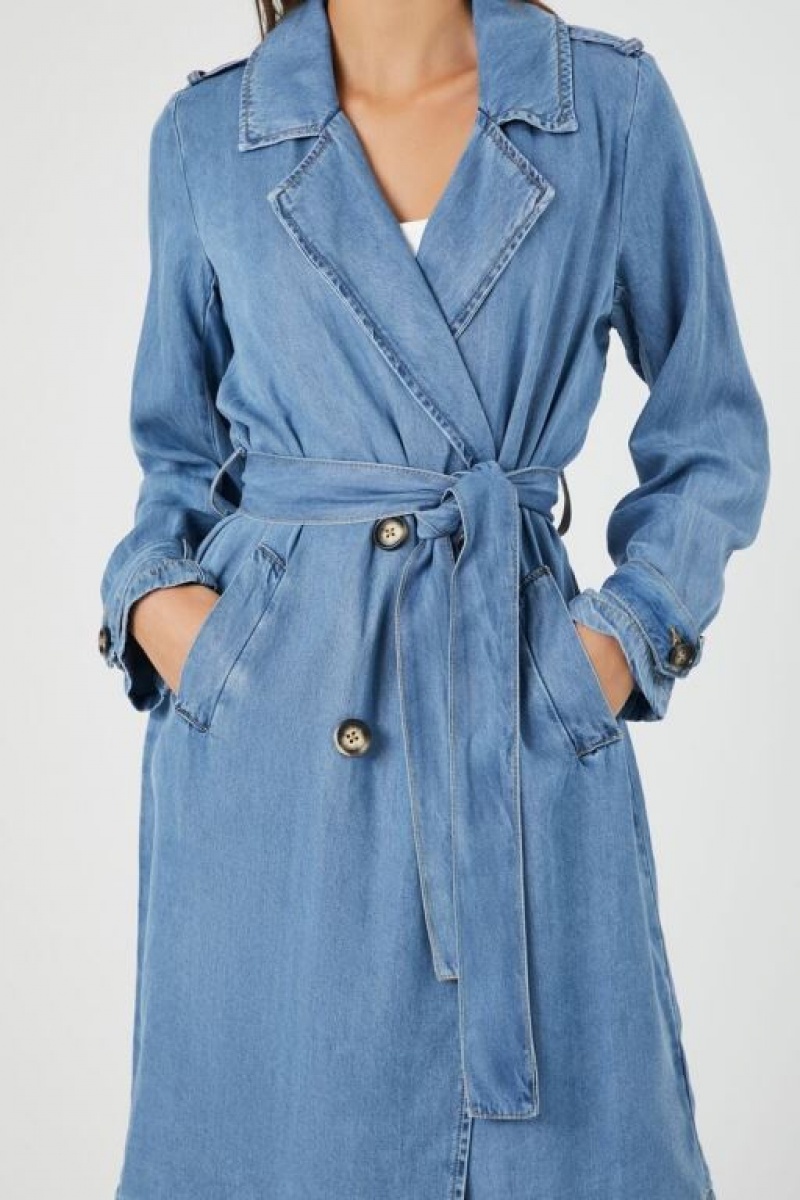 Chaquetas De Mezclilla Forever 21 Belted Denim Trench Coat Mujer Azules | UxZLvNGSjWi