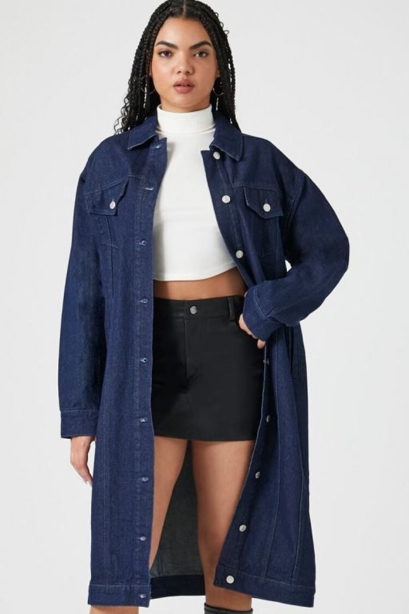 Chaquetas De Mezclilla Forever 21 Button Front Longline Denim Shacket Mujer Azules Oscuro | RdSfgggFeFO