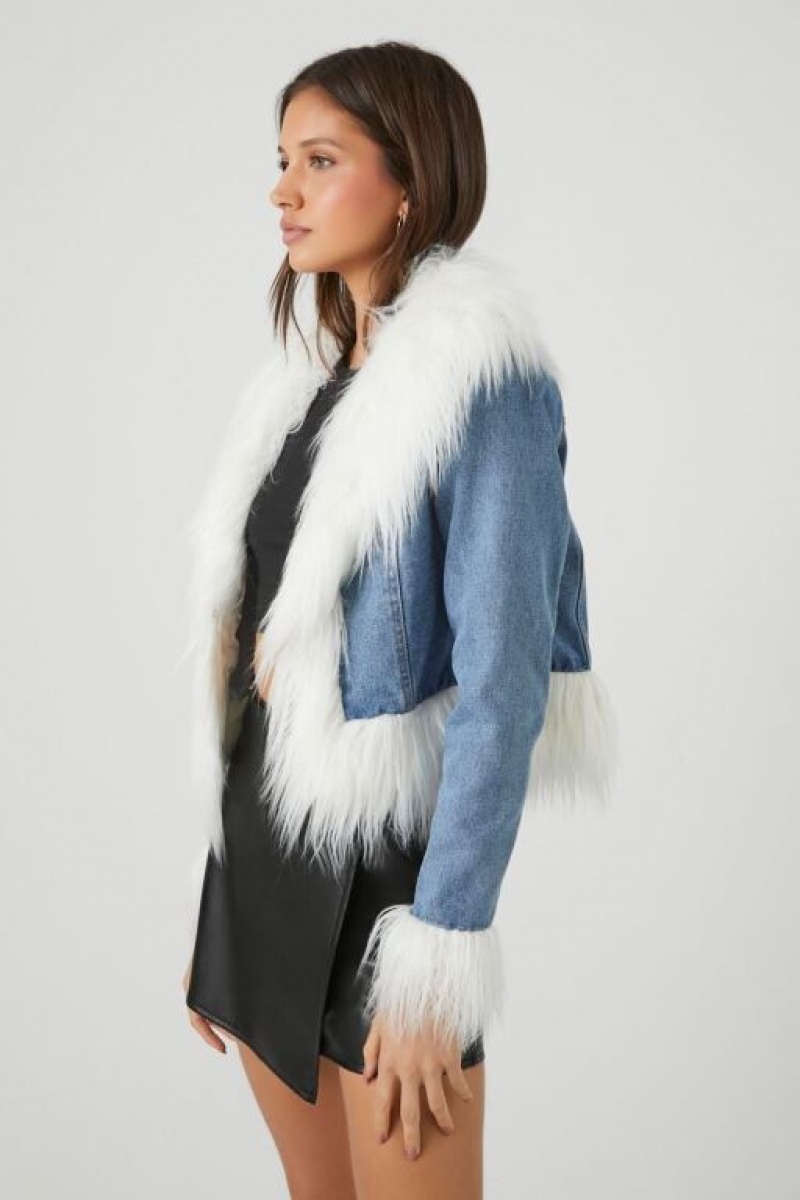 Chaquetas De Mezclilla Forever 21 Cropped Faux Fur Denim Mujer Azules Blancas | GeO5aubRMro