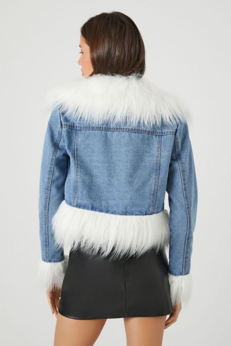 Chaquetas De Mezclilla Forever 21 Cropped Faux Fur Denim Mujer Azules Blancas | GeO5aubRMro