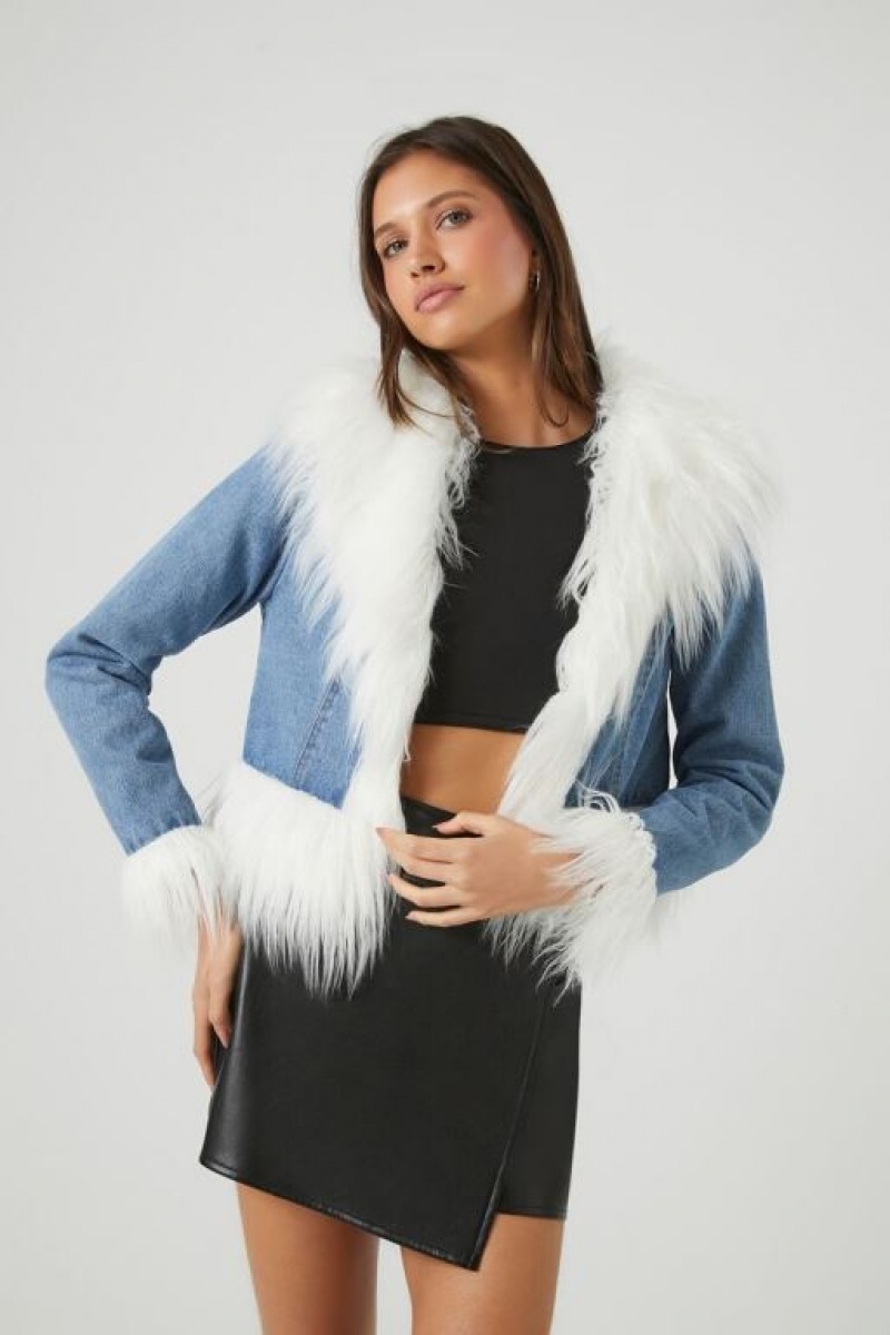 Chaquetas De Mezclilla Forever 21 Cropped Faux Fur Denim Mujer Azules Blancas | GeO5aubRMro