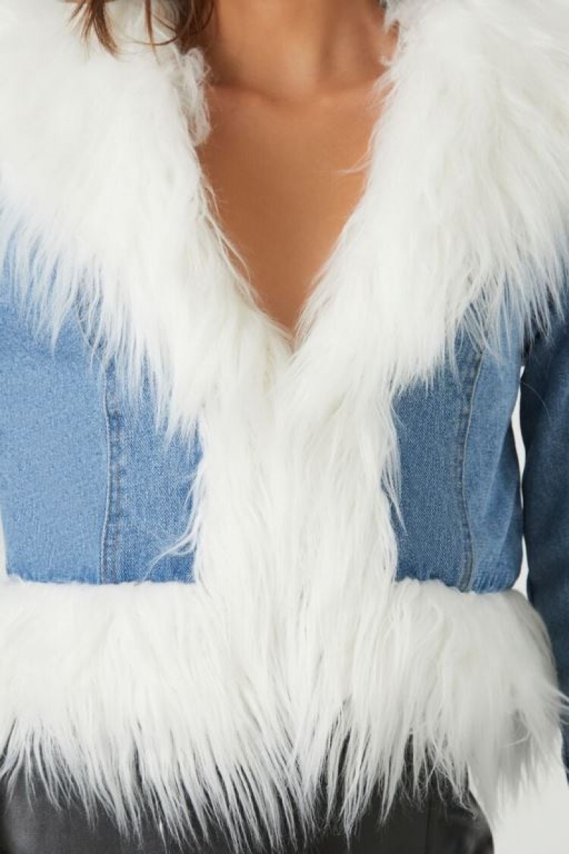 Chaquetas De Mezclilla Forever 21 Cropped Faux Fur Denim Mujer Azules Blancas | GeO5aubRMro