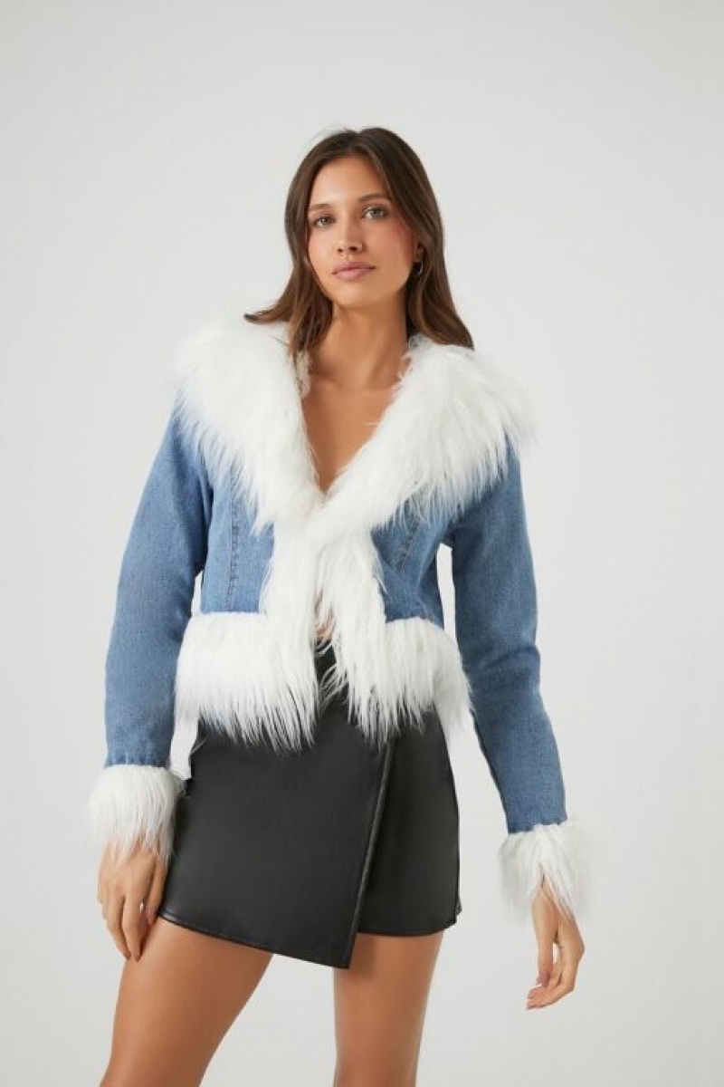 Chaquetas De Mezclilla Forever 21 Cropped Faux Fur Denim Mujer Azules Blancas | GeO5aubRMro