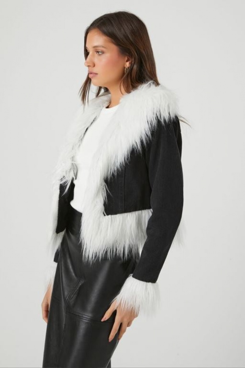 Chaquetas De Mezclilla Forever 21 Cropped Faux Fur Denim Mujer Negras Blancas | R6WXen2J7Ad