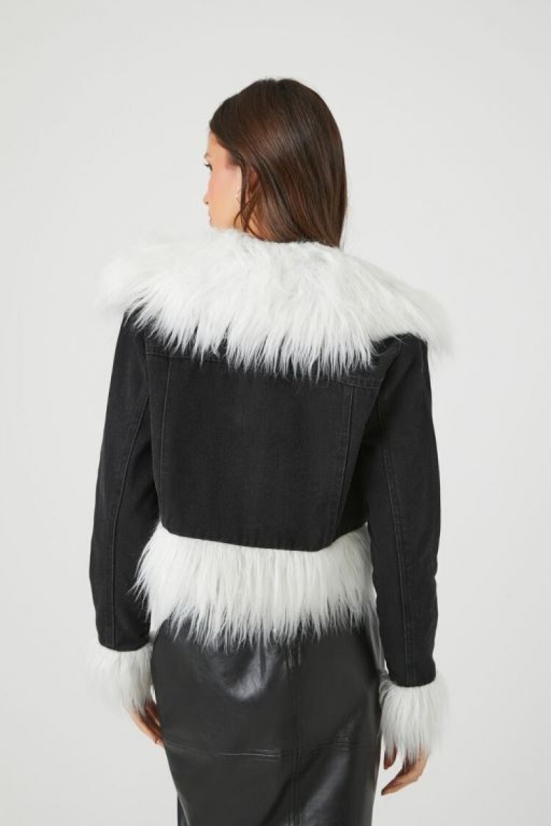 Chaquetas De Mezclilla Forever 21 Cropped Faux Fur Denim Mujer Negras Blancas | R6WXen2J7Ad