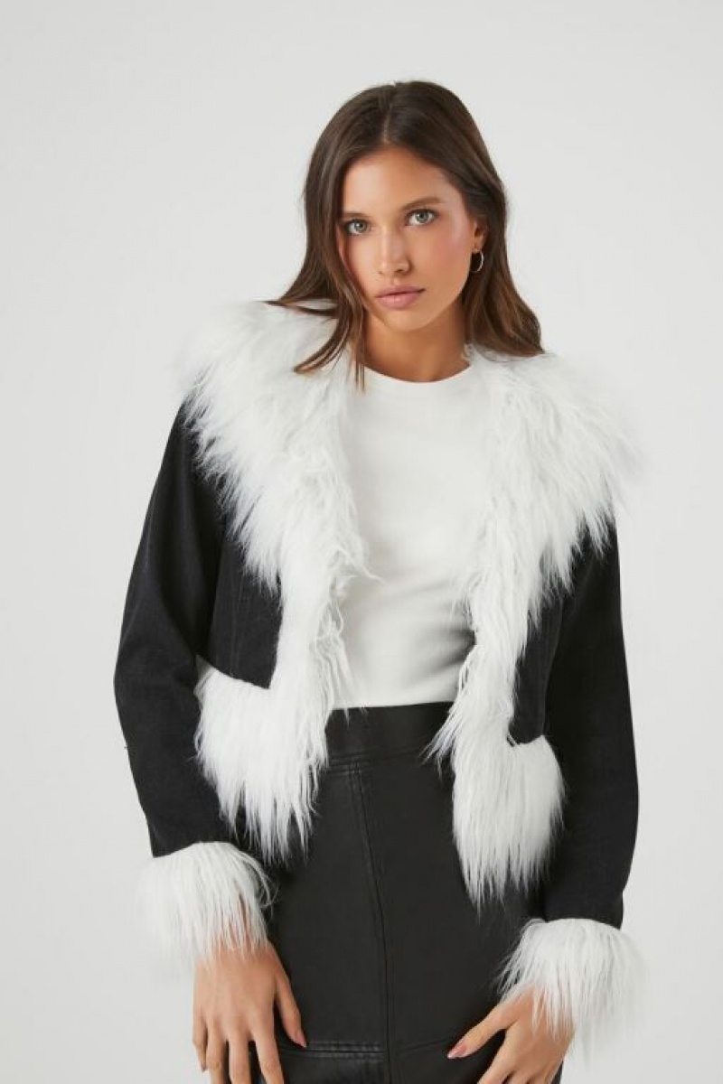 Chaquetas De Mezclilla Forever 21 Cropped Faux Fur Denim Mujer Negras Blancas | R6WXen2J7Ad