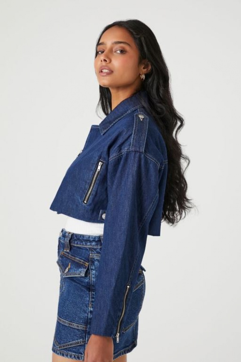 Chaquetas De Mezclilla Forever 21 Cropped Denim Zip Up Moto Mujer Azules | cy0ljp9lKmX