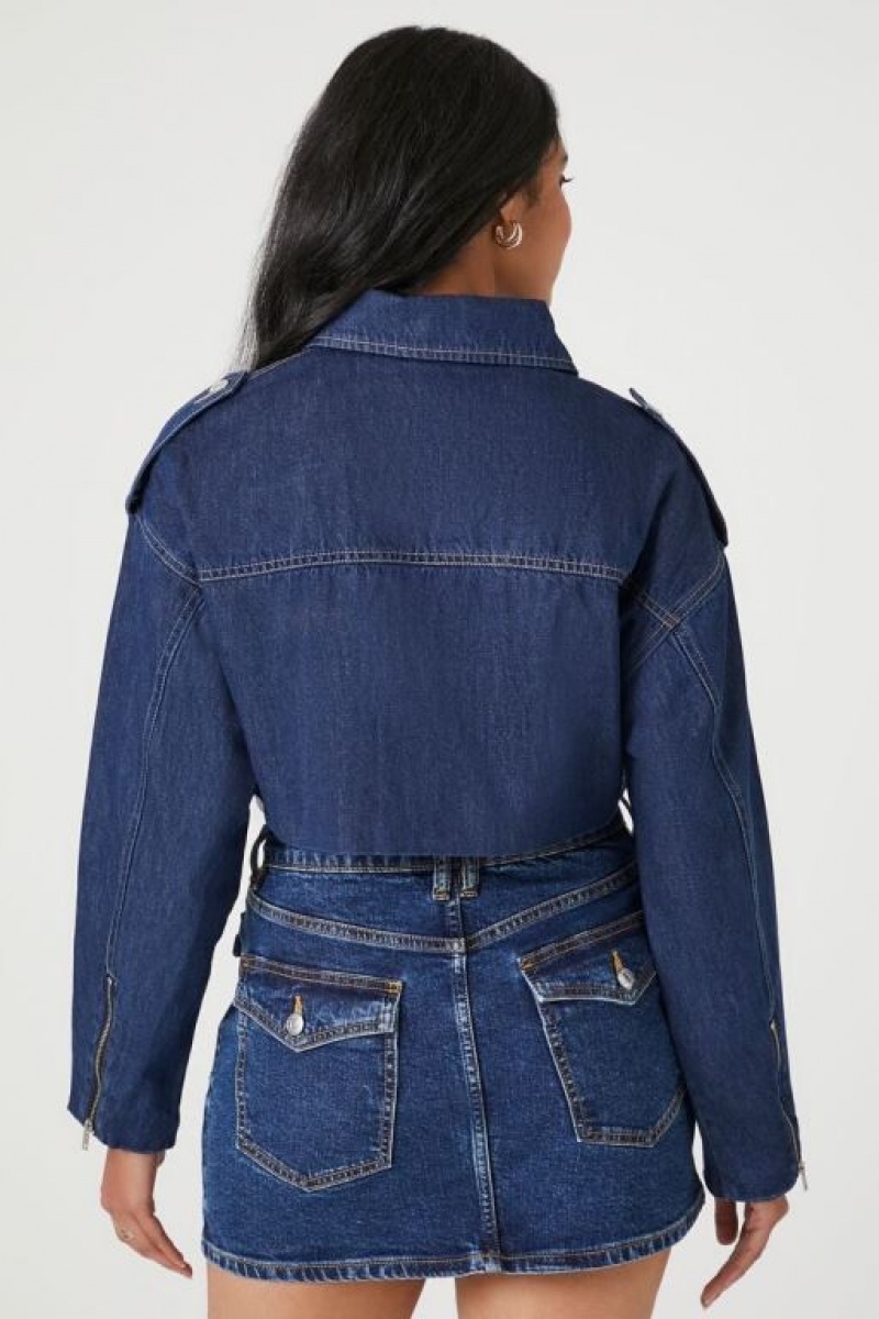 Chaquetas De Mezclilla Forever 21 Cropped Denim Zip Up Moto Mujer Azules | cy0ljp9lKmX