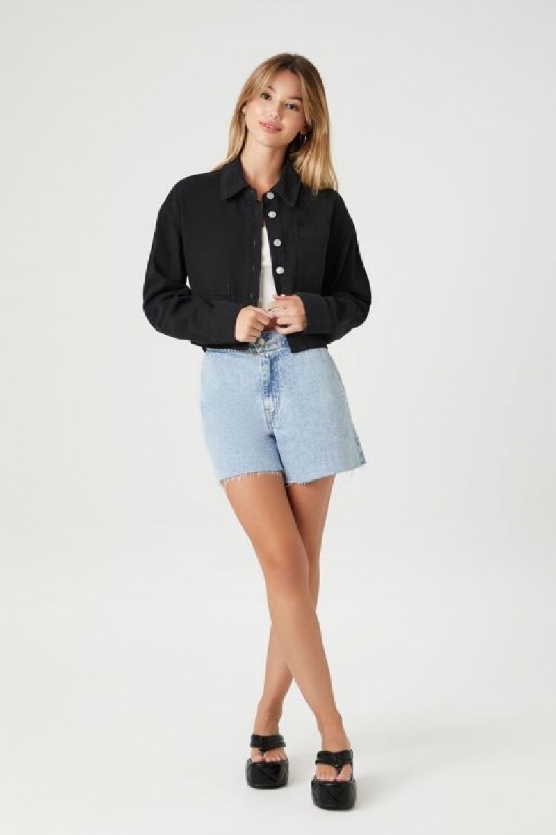 Chaquetas De Mezclilla Forever 21 Cropped Denim Trucker Mujer Negras | PhGGMQ8Fuvy