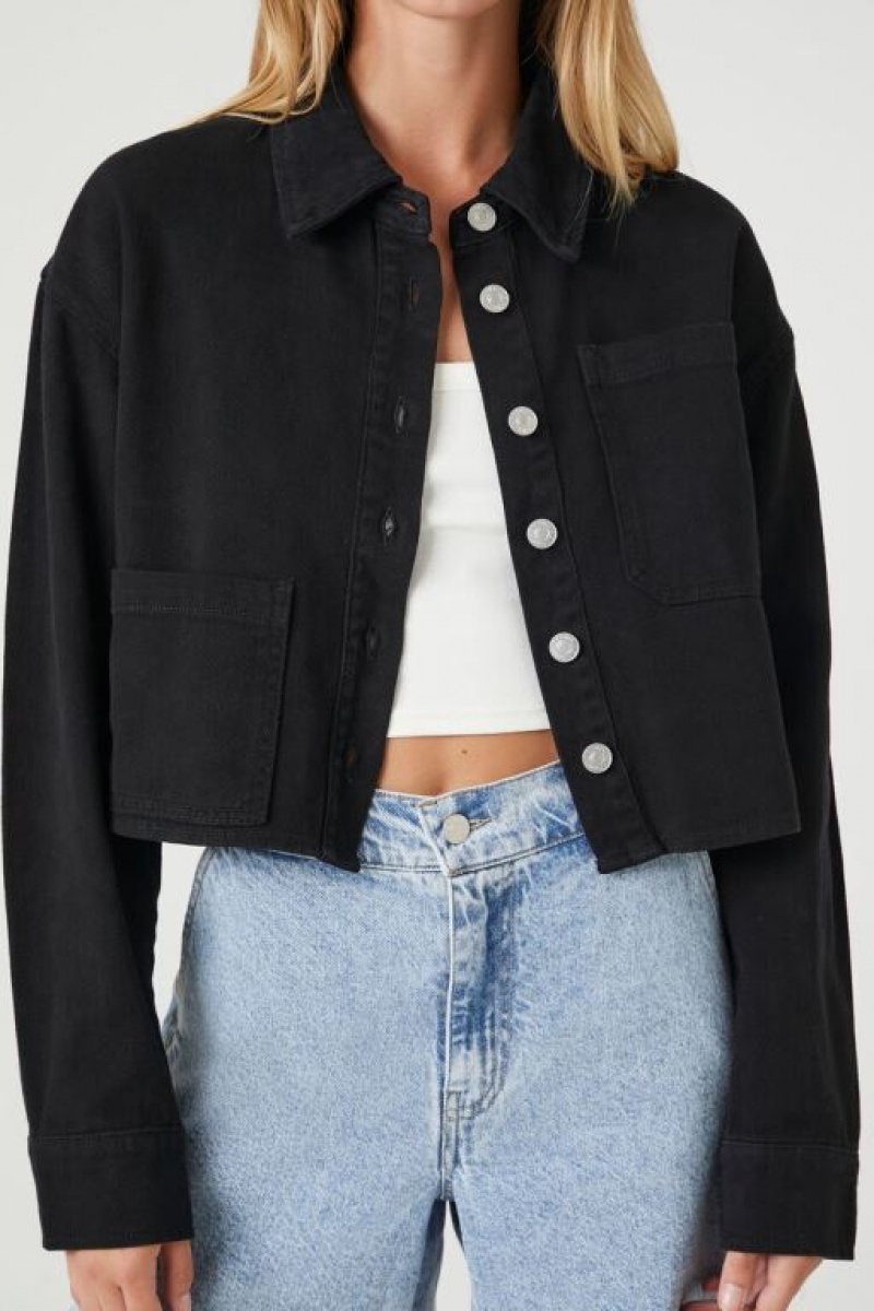 Chaquetas De Mezclilla Forever 21 Cropped Denim Trucker Mujer Negras | PhGGMQ8Fuvy