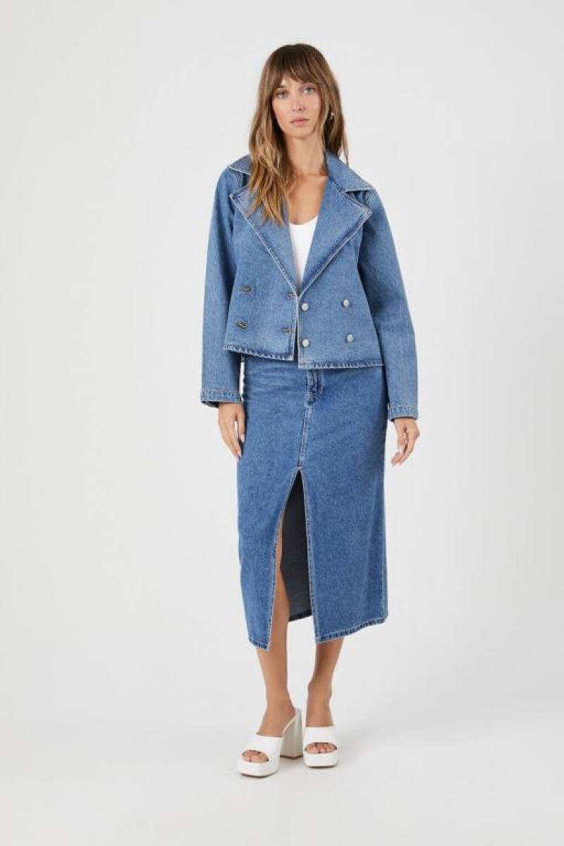 Chaquetas De Mezclilla Forever 21 Denim Double Breasted Trench Mujer Azules | hZagBjiFKrV