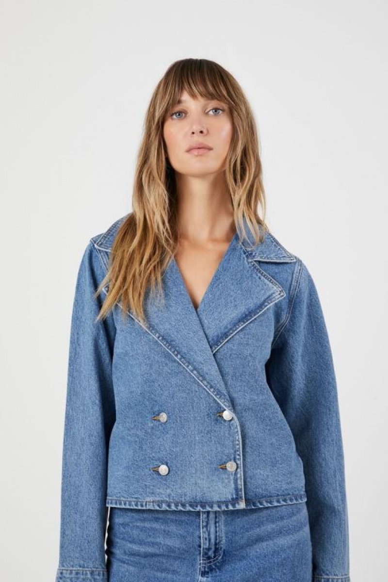 Chaquetas De Mezclilla Forever 21 Denim Double Breasted Trench Mujer Azules | hZagBjiFKrV