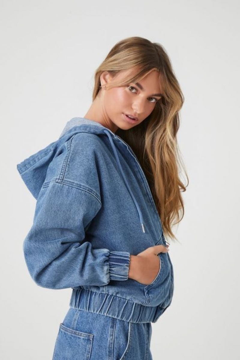 Chaquetas De Mezclilla Forever 21 Denim Hooded Mujer Azules | PRNhU7xEuBt