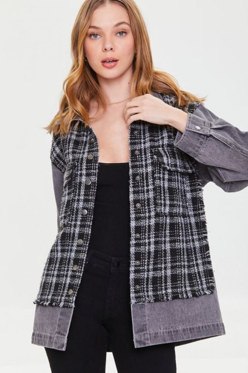 Chaquetas De Mezclilla Forever 21 Denim Tweed Button Front Mujer Negras Blancas | t4EzPKpVAC3