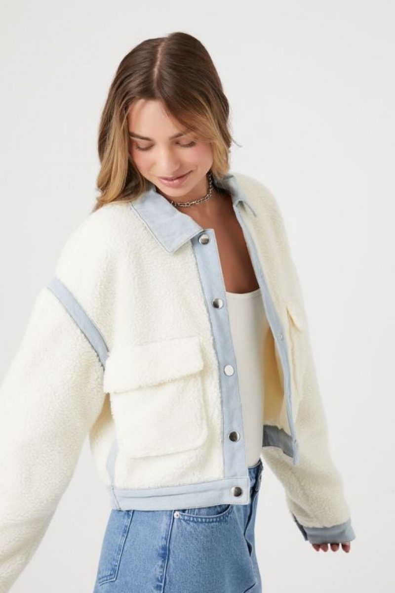 Chaquetas De Mezclilla Forever 21 Faux Shearling Button Up Mujer Blancas | jKZi68DWCKP