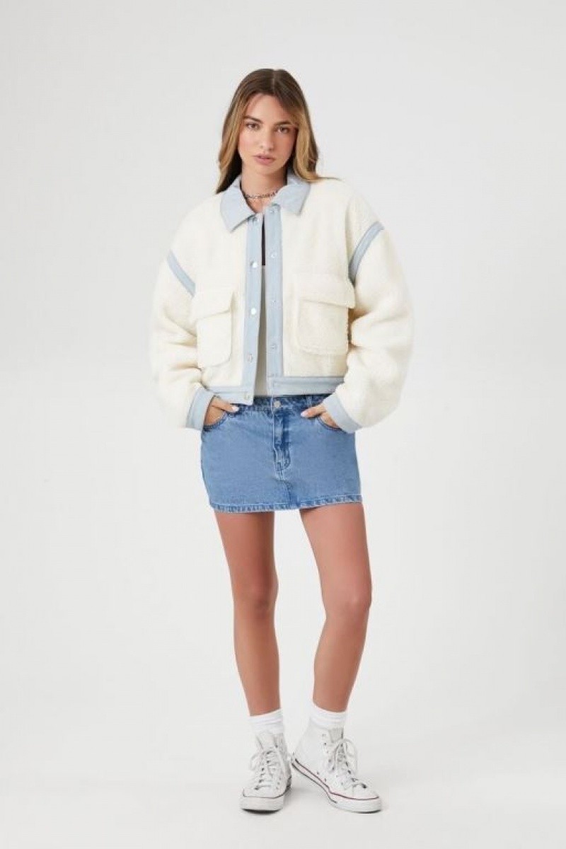 Chaquetas De Mezclilla Forever 21 Faux Shearling Button Up Mujer Blancas | jKZi68DWCKP