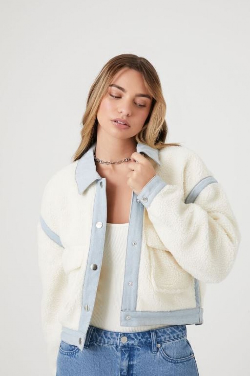 Chaquetas De Mezclilla Forever 21 Faux Shearling Button Up Mujer Blancas | jKZi68DWCKP