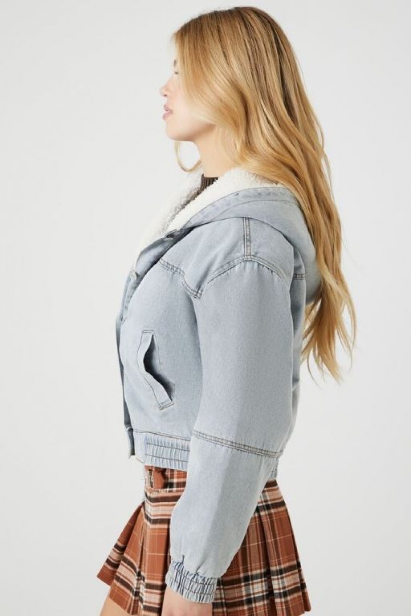 Chaquetas De Mezclilla Forever 21 Faux Shearling Denim Hooded Mujer Azules | vXgg6gM4viY