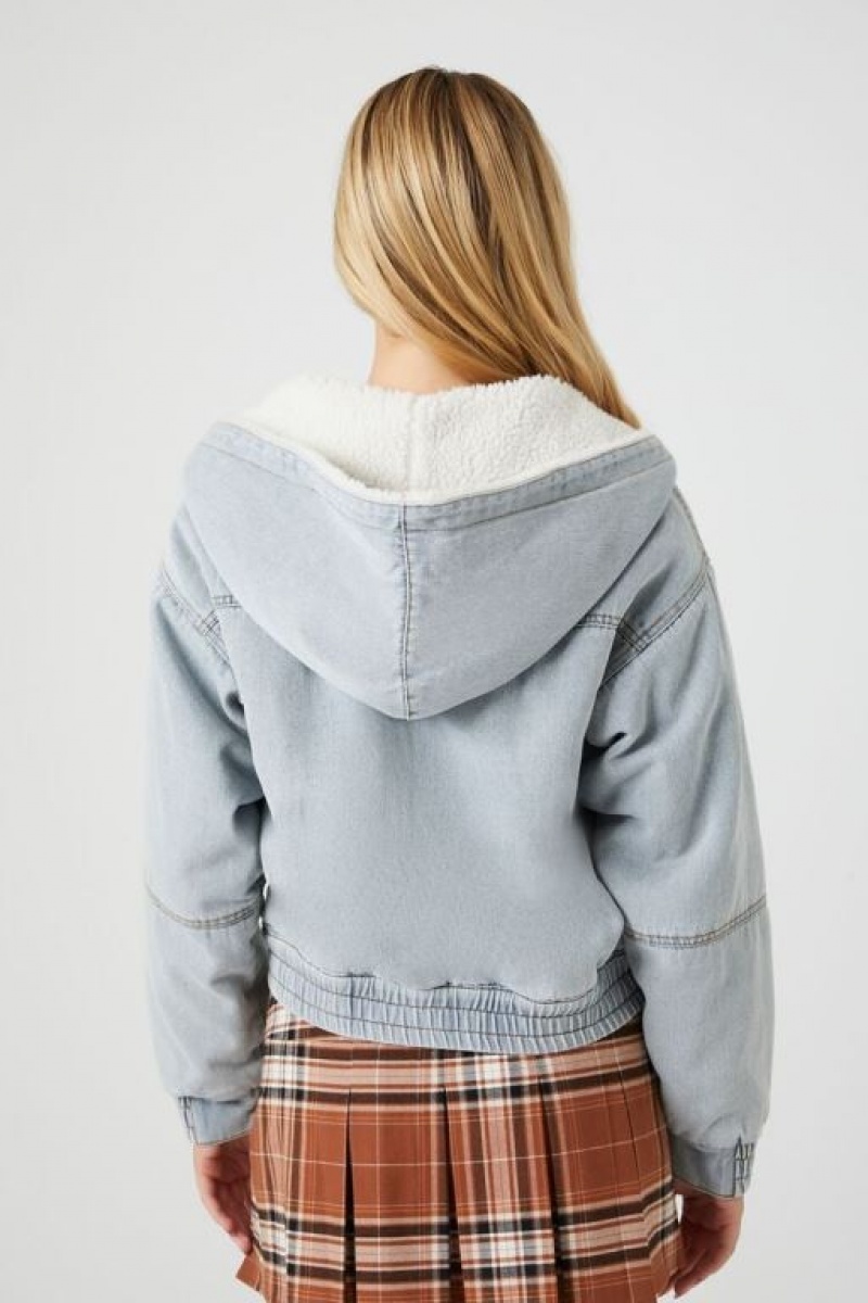 Chaquetas De Mezclilla Forever 21 Faux Shearling Denim Hooded Mujer Azules | vXgg6gM4viY