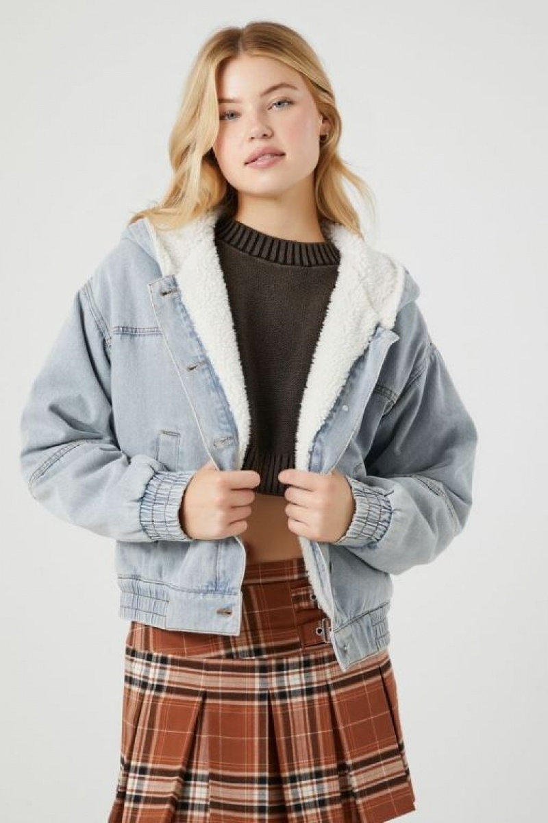 Chaquetas De Mezclilla Forever 21 Faux Shearling Denim Hooded Mujer Azules | vXgg6gM4viY