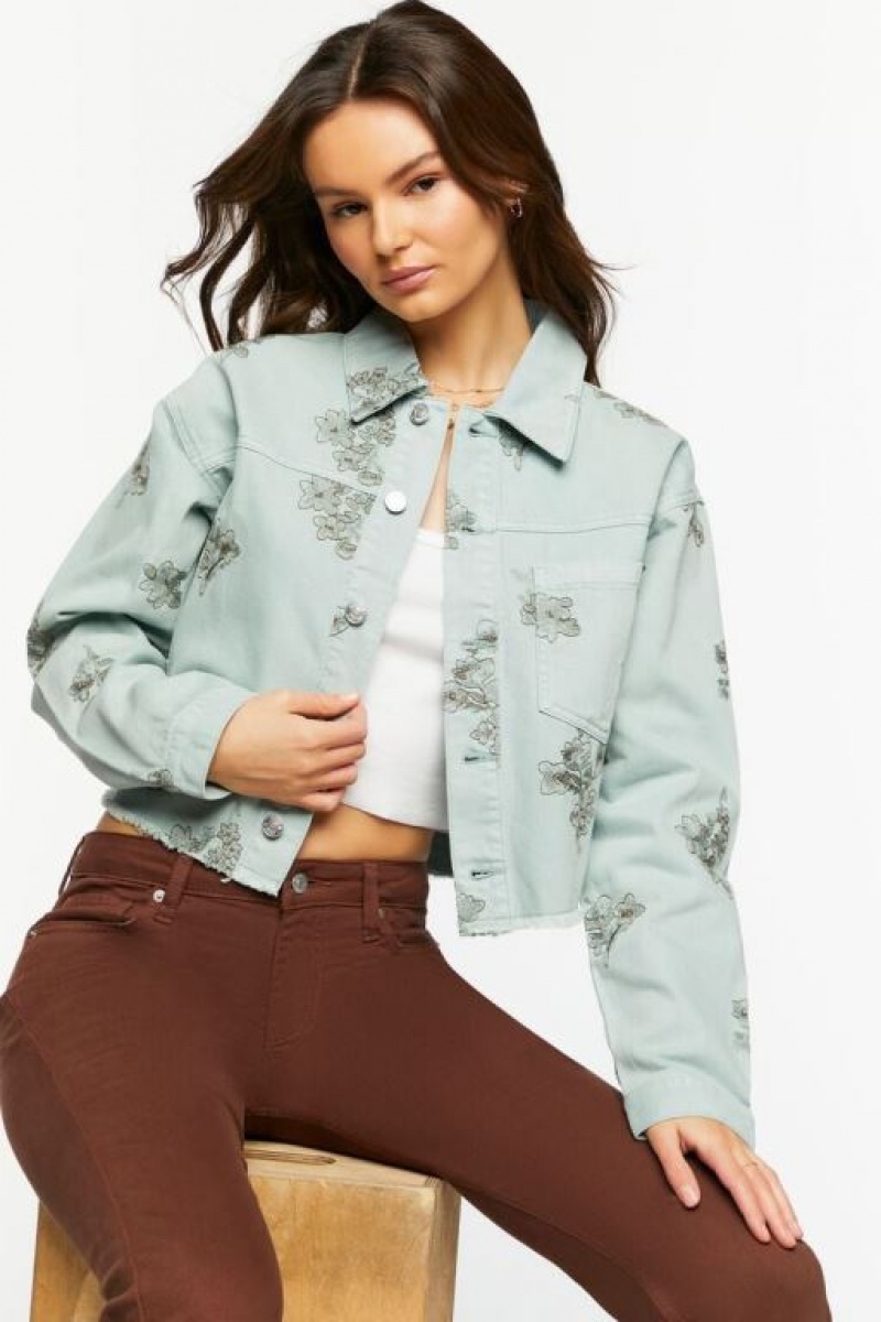 Chaquetas De Mezclilla Forever 21 Floral Embroidered Denim Trucker Mujer Verde Oliva | PMCjkwnjqjZ