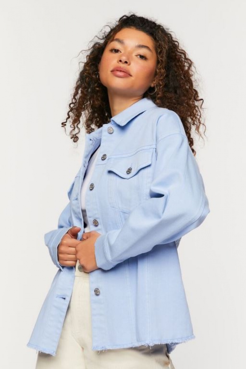 Chaquetas De Mezclilla Forever 21 Frayed Trim Denim Shacket Mujer Azules | AuN5f5GdmCB