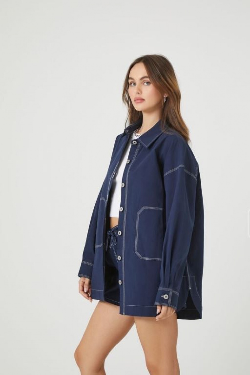 Chaquetas De Mezclilla Forever 21 Poplin Cotton Blend Shacket Mujer Azules Oscuro | DE6AptPMY5x