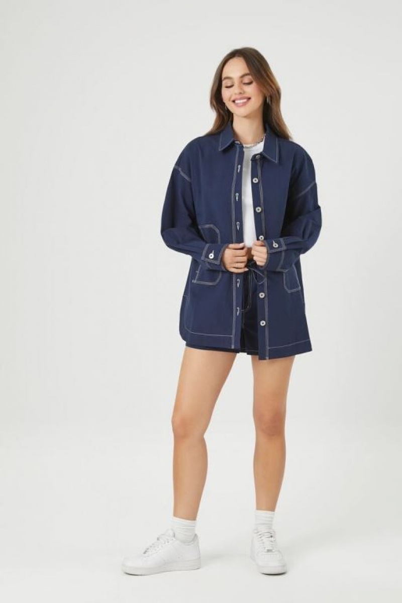 Chaquetas De Mezclilla Forever 21 Poplin Cotton Blend Shacket Mujer Azules Oscuro | DE6AptPMY5x