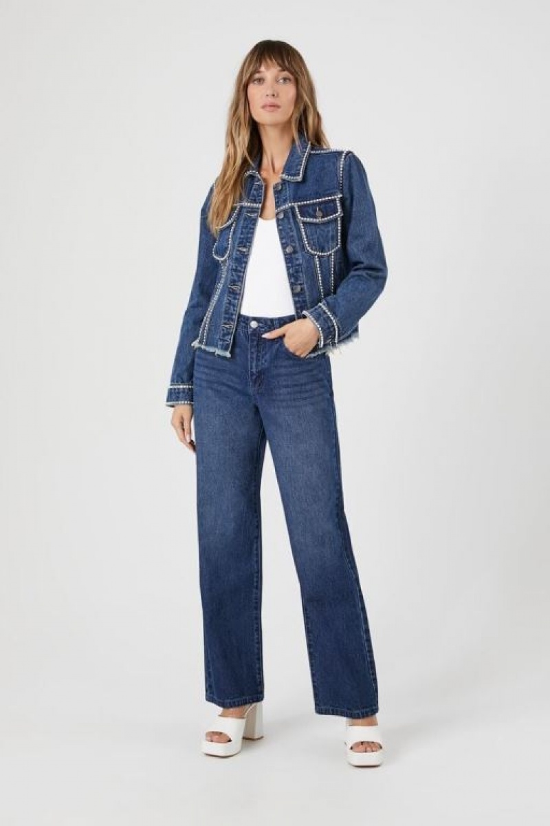 Chaquetas De Mezclilla Forever 21 Rhinestone Trim Denim Trucker Mujer Azules | q88cgfIpdM6