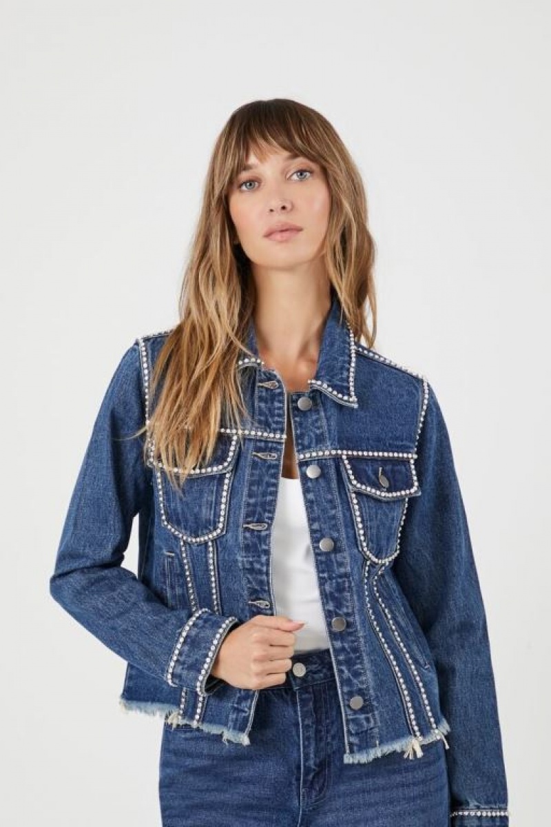 Chaquetas De Mezclilla Forever 21 Rhinestone Trim Denim Trucker Mujer Azules | q88cgfIpdM6