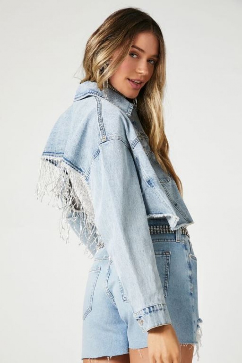 Chaquetas De Mezclilla Forever 21 Rhinestone Fringe Denim Mujer Azules | T0KV3q8b3Yq