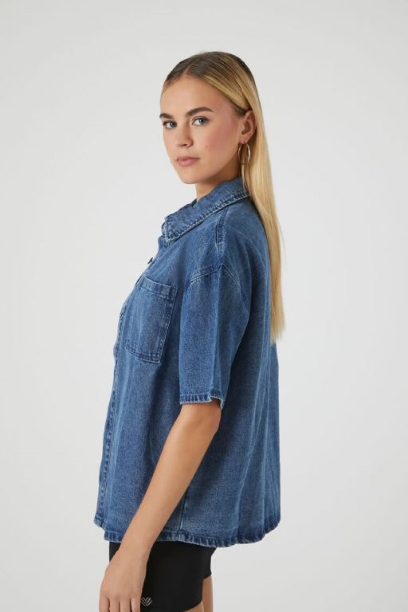 Chaquetas De Mezclilla Forever 21 Twill Short Sleeve Denim Shacket Mujer Azules | FZBkKM2PLoc