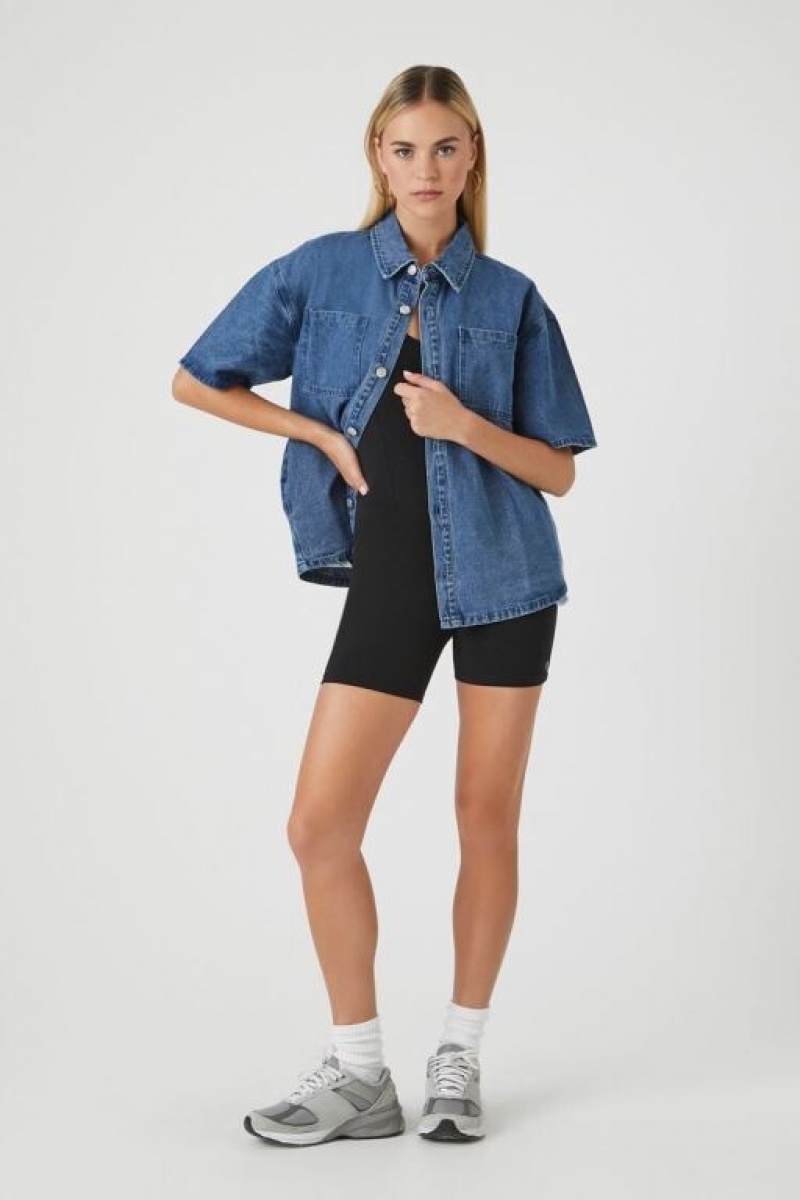 Chaquetas De Mezclilla Forever 21 Twill Short Sleeve Denim Shacket Mujer Azules | FZBkKM2PLoc