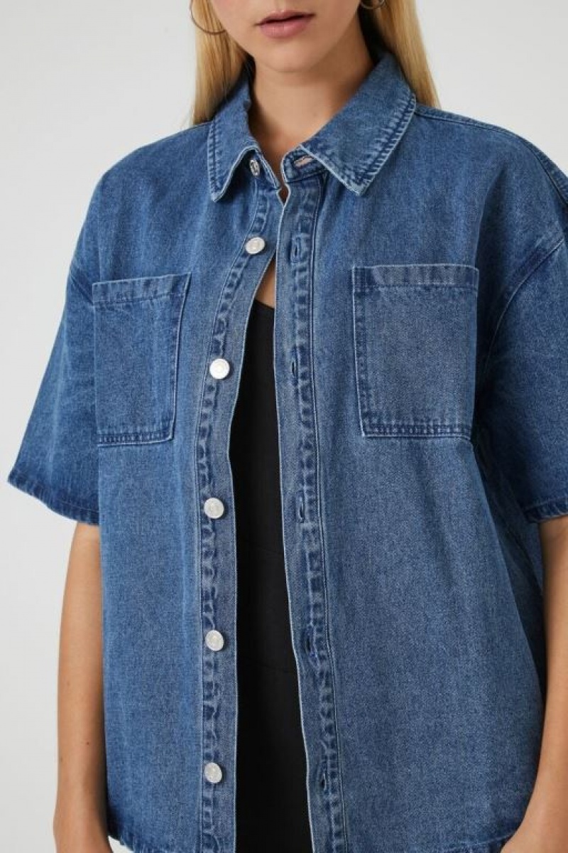 Chaquetas De Mezclilla Forever 21 Twill Short Sleeve Denim Shacket Mujer Azules | FZBkKM2PLoc