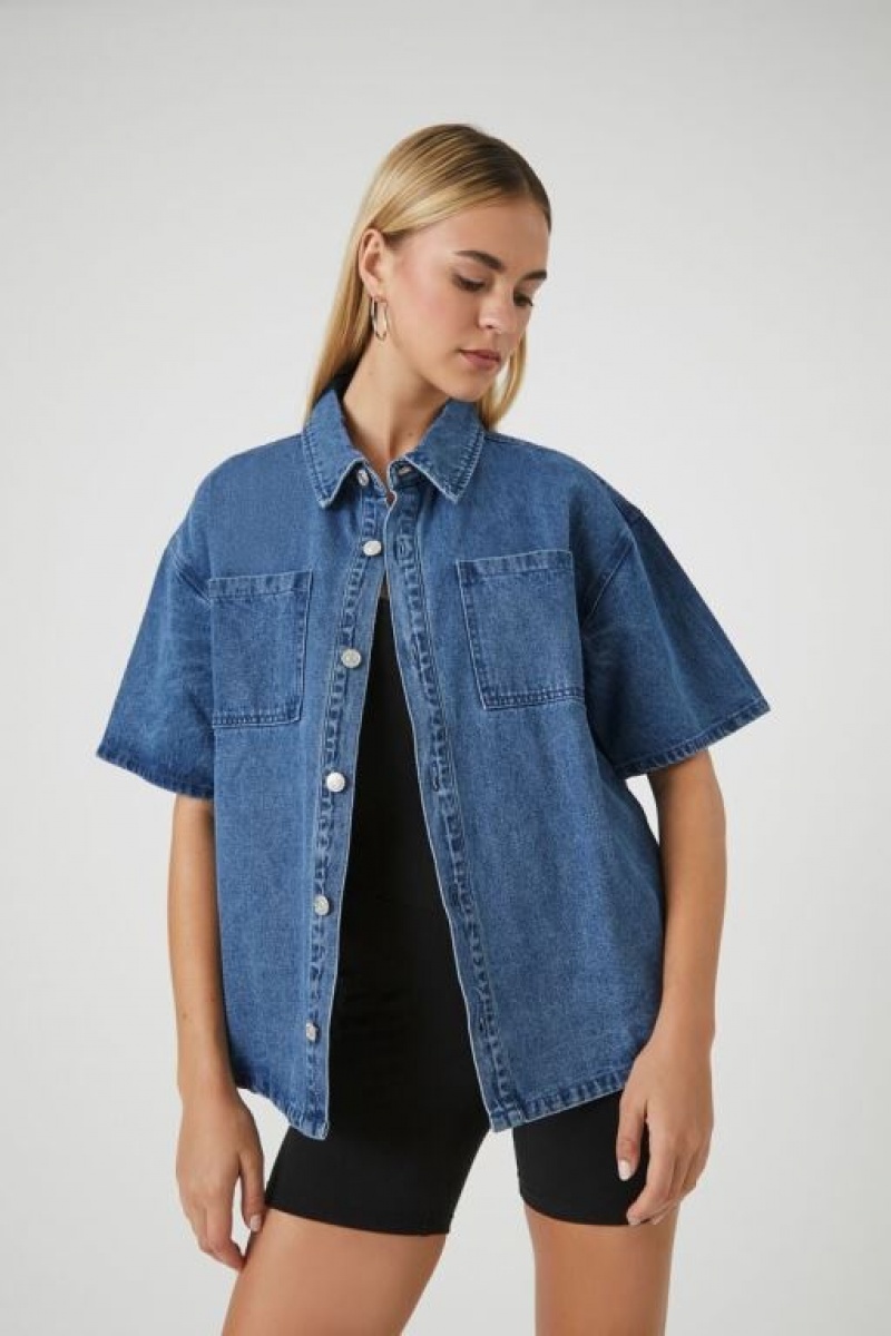 Chaquetas De Mezclilla Forever 21 Twill Short Sleeve Denim Shacket Mujer Azules | FZBkKM2PLoc