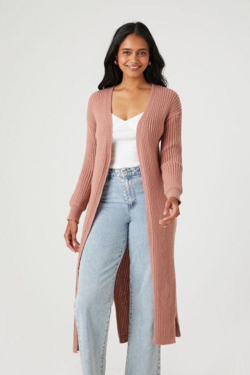 Cárdigan Forever 21 Acanalado Longline Mujer Beige | u0k4jtojXn8