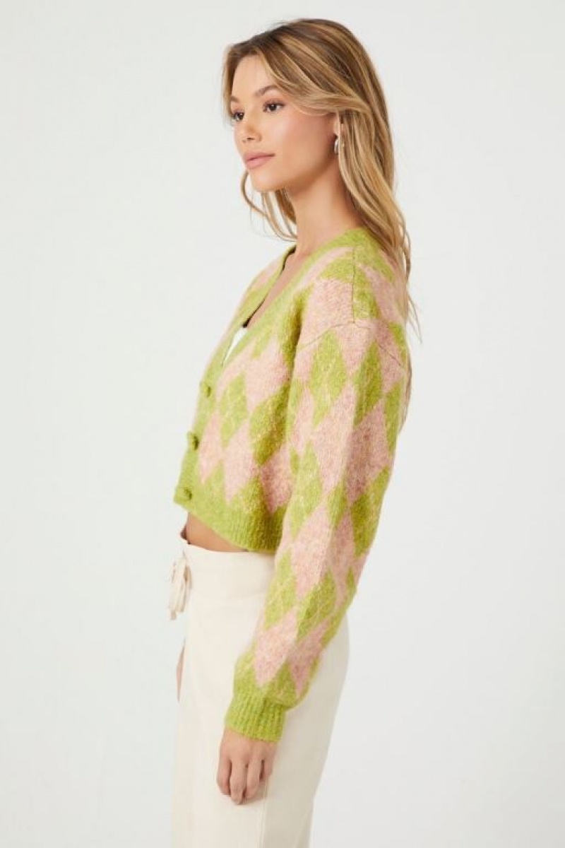 Cárdigan Forever 21 Argyle Print Mujer Verde Rosas | WwqO8lpn1tN