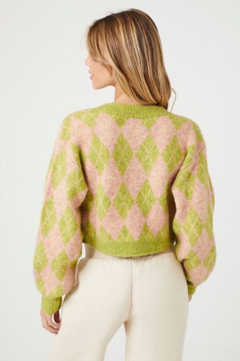 Cárdigan Forever 21 Argyle Print Mujer Verde Rosas | WwqO8lpn1tN