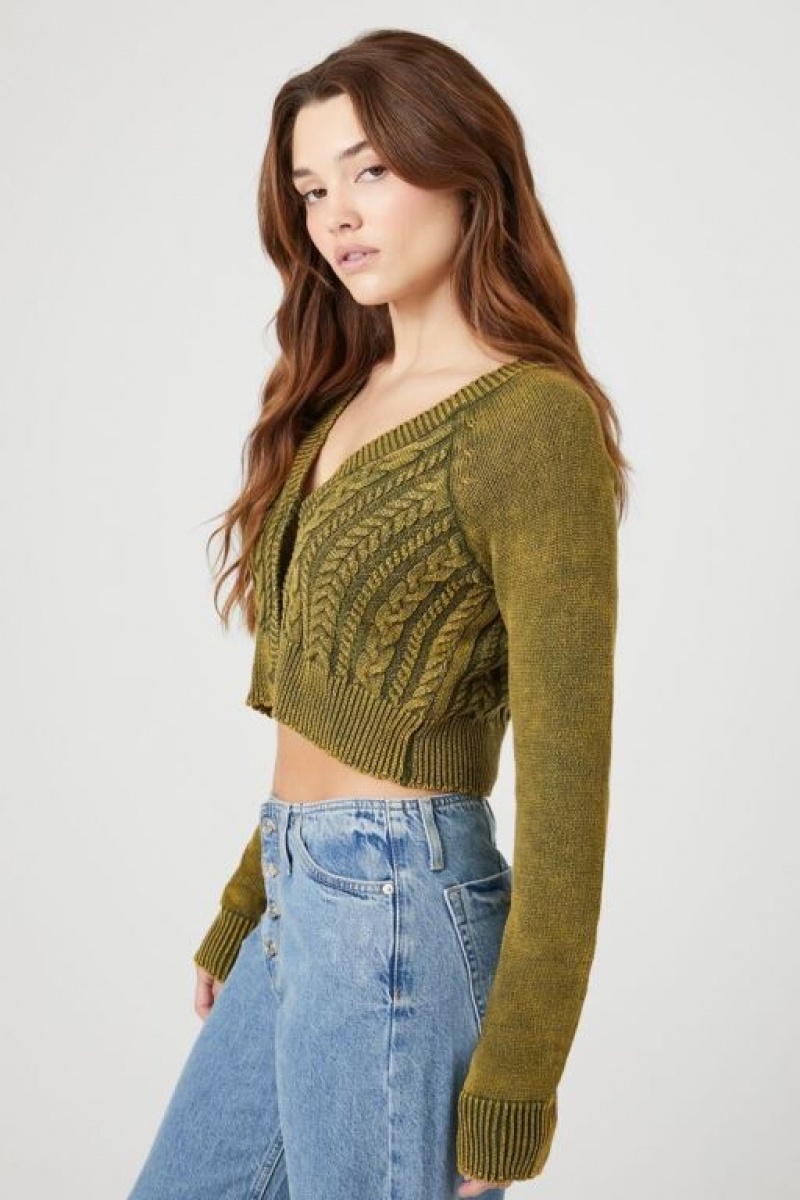 Cárdigan Forever 21 Cropped Mineral Wash Mujer Gris Verde | gR0JJbxigVG