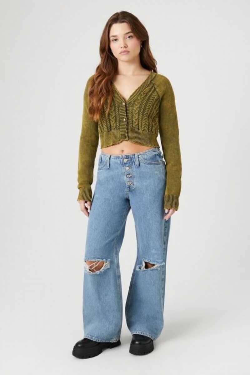 Cárdigan Forever 21 Cropped Mineral Wash Mujer Gris Verde | gR0JJbxigVG