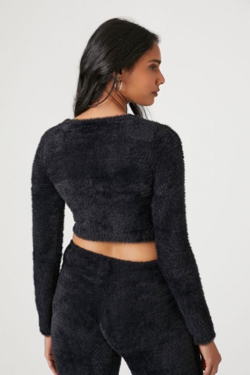 Cárdigan Forever 21 Fuzzy Cropped Mujer Negras | hixsFyN4sUB