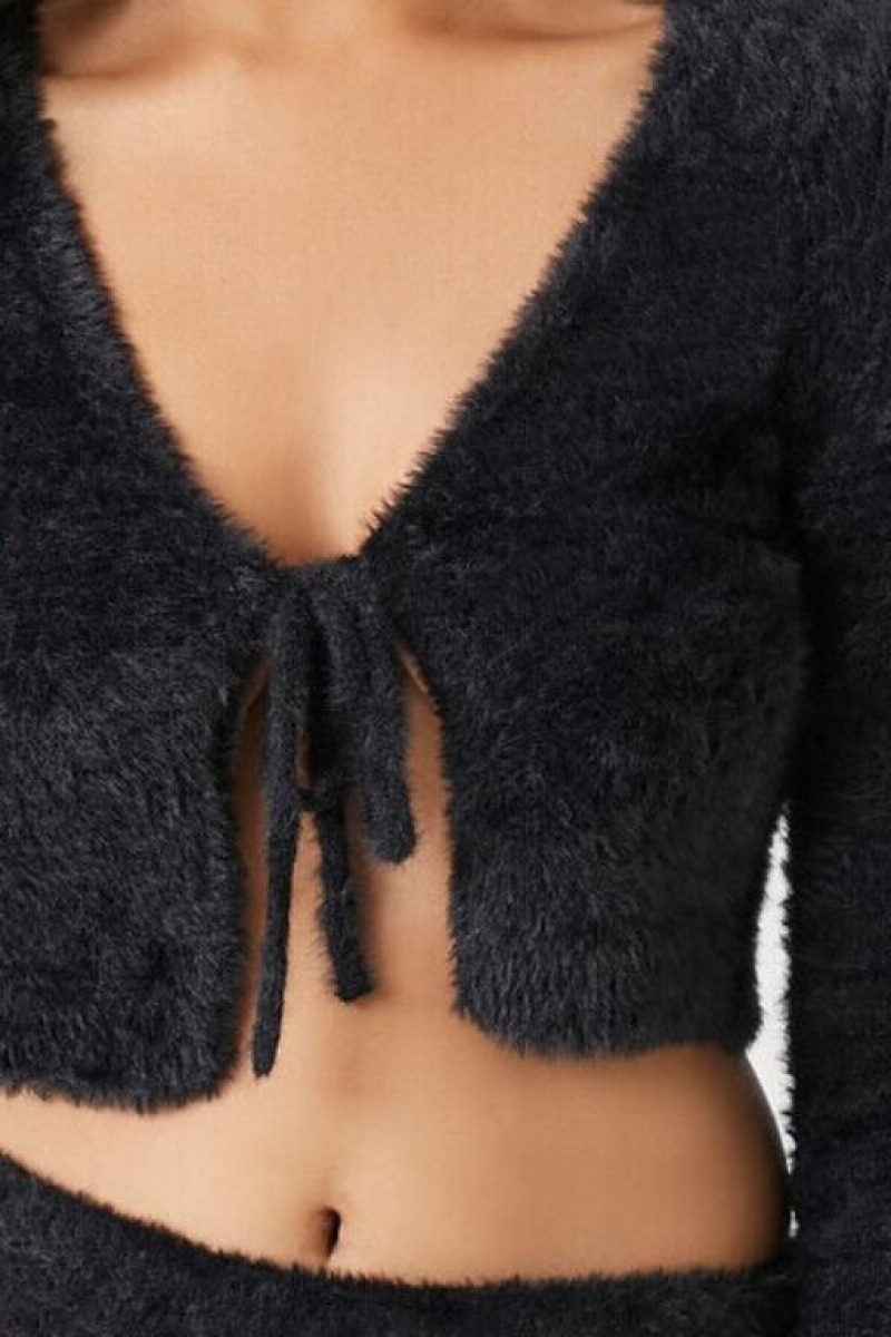 Cárdigan Forever 21 Fuzzy Cropped Mujer Negras | hixsFyN4sUB