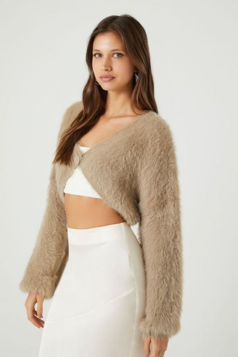 Cárdigan Forever 21 Fuzzy Knit Mujer Gris Marrones | bpHhso6ChKy