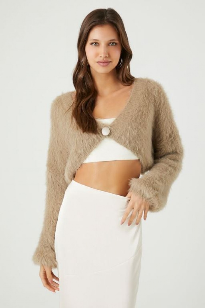 Cárdigan Forever 21 Fuzzy Knit Mujer Gris Marrones | bpHhso6ChKy