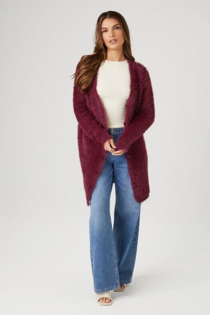 Cárdigan Forever 21 Fuzzy Mujer Burdeos | CmMMoW1gPXU