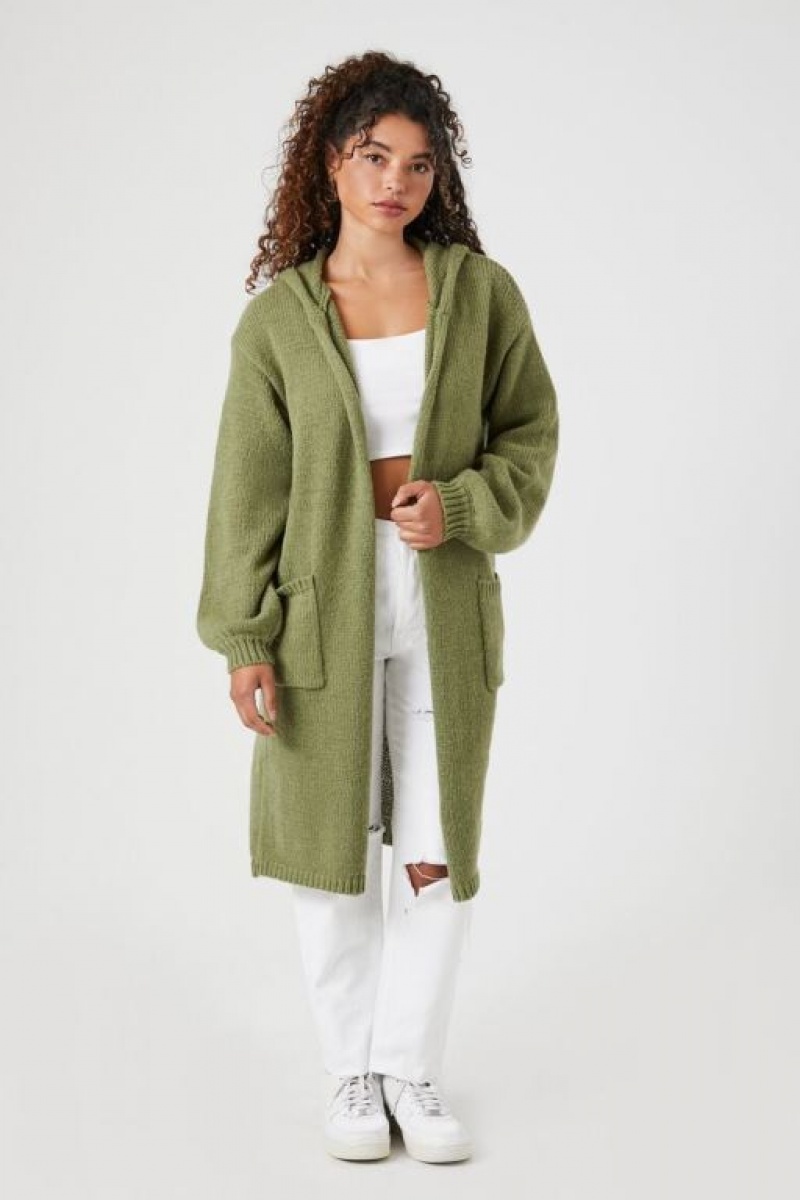 Cárdigan Forever 21 Hooded Longline Mujer Verde Oliva | jJyYo3Gz3Vn