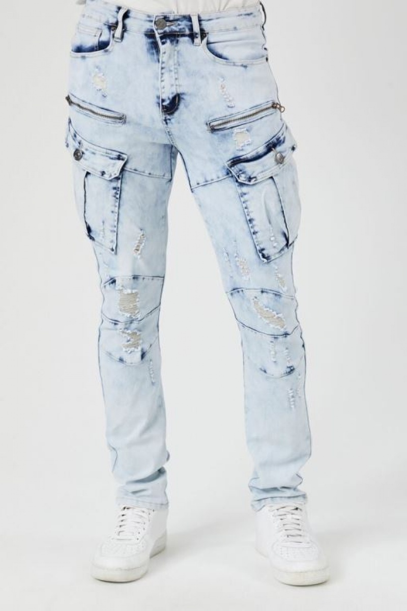 Jeans Forever 21 Acid Wash Slim Fit Cargo Hombre Azules Claro | FA546W8XXAW